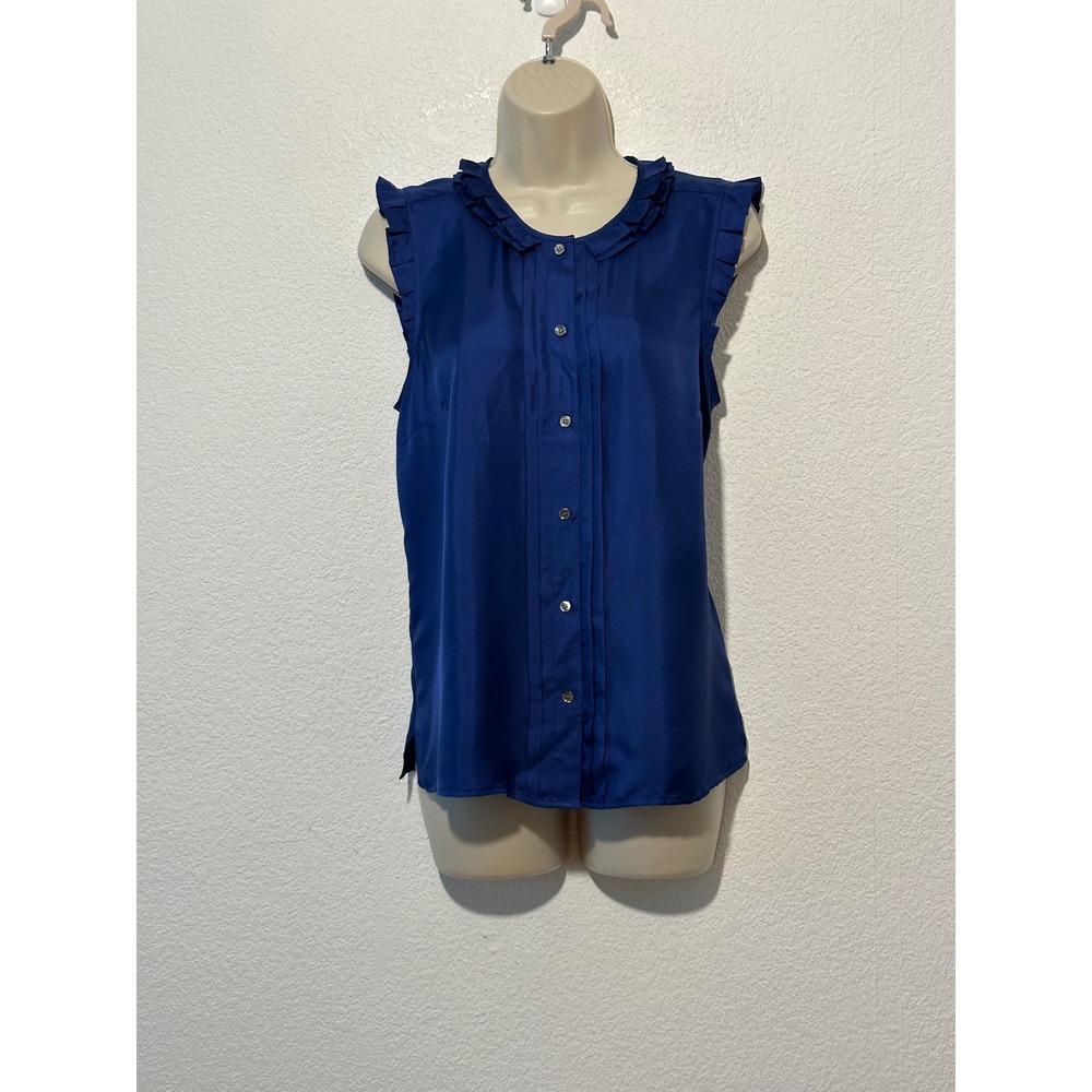 J.Crew Womens Royal Blue 100% Silk Ruffle Collar Pintuck Sleeveless Blouse Sz 8
